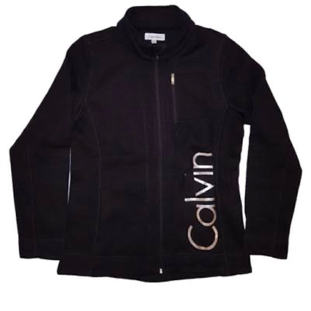 Calvin klein active sweater knit black full zip jacket sweayshirt logo gold